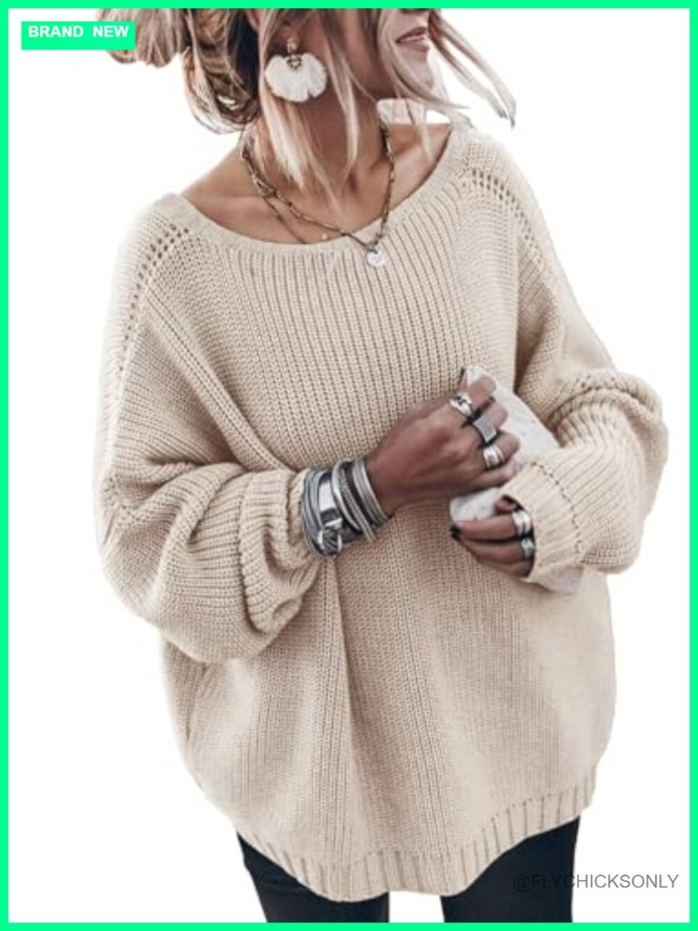 Oversized Cotton Sweater Crew Neck Batwing Long Sleeve Loose Knit Pullover